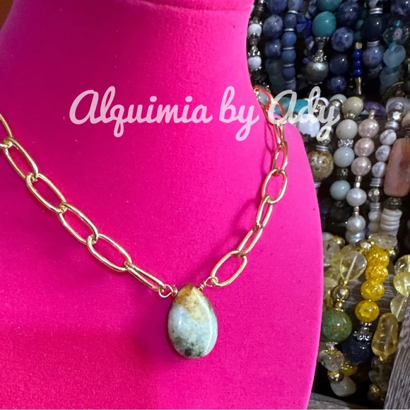 Bumblebee jasper raindrop chunky gold steel curb link statement pendant  neclace - Picture 1 of 3